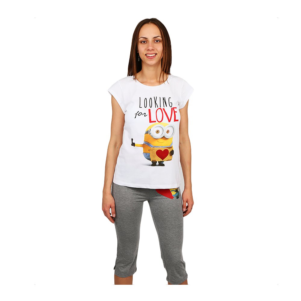 Pijama dama Minions Looking for Love tricou alb si pantaloni gri