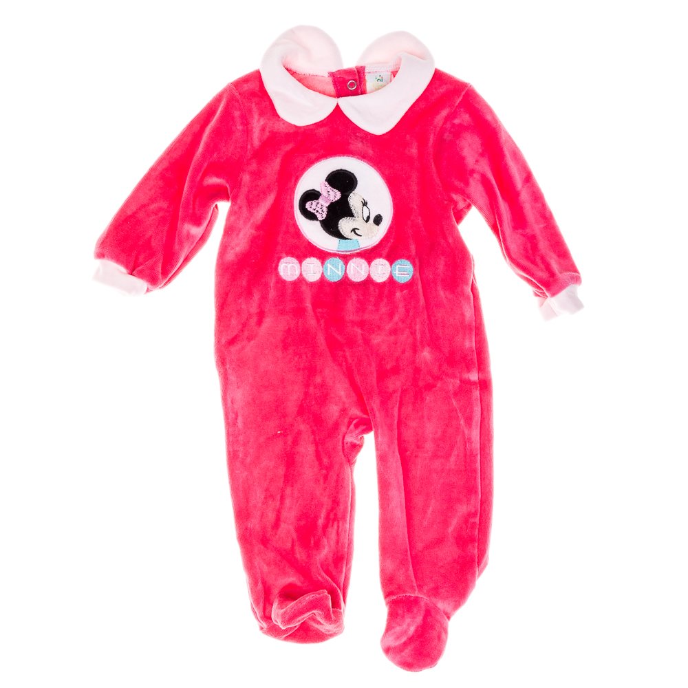 Pijama salopeta bebe Minnie Mouse fucsia cu guler roz pal