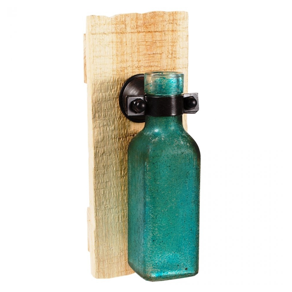 Sticla pe suport de lemn, vaza de agatat pe perete, PTMD Collection, turcoaz, 15 cm