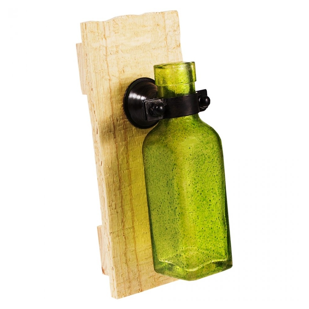 Sticla pe suport de lemn, vaza de agatat pe perete, PTMD Collection, verde, 15 cm