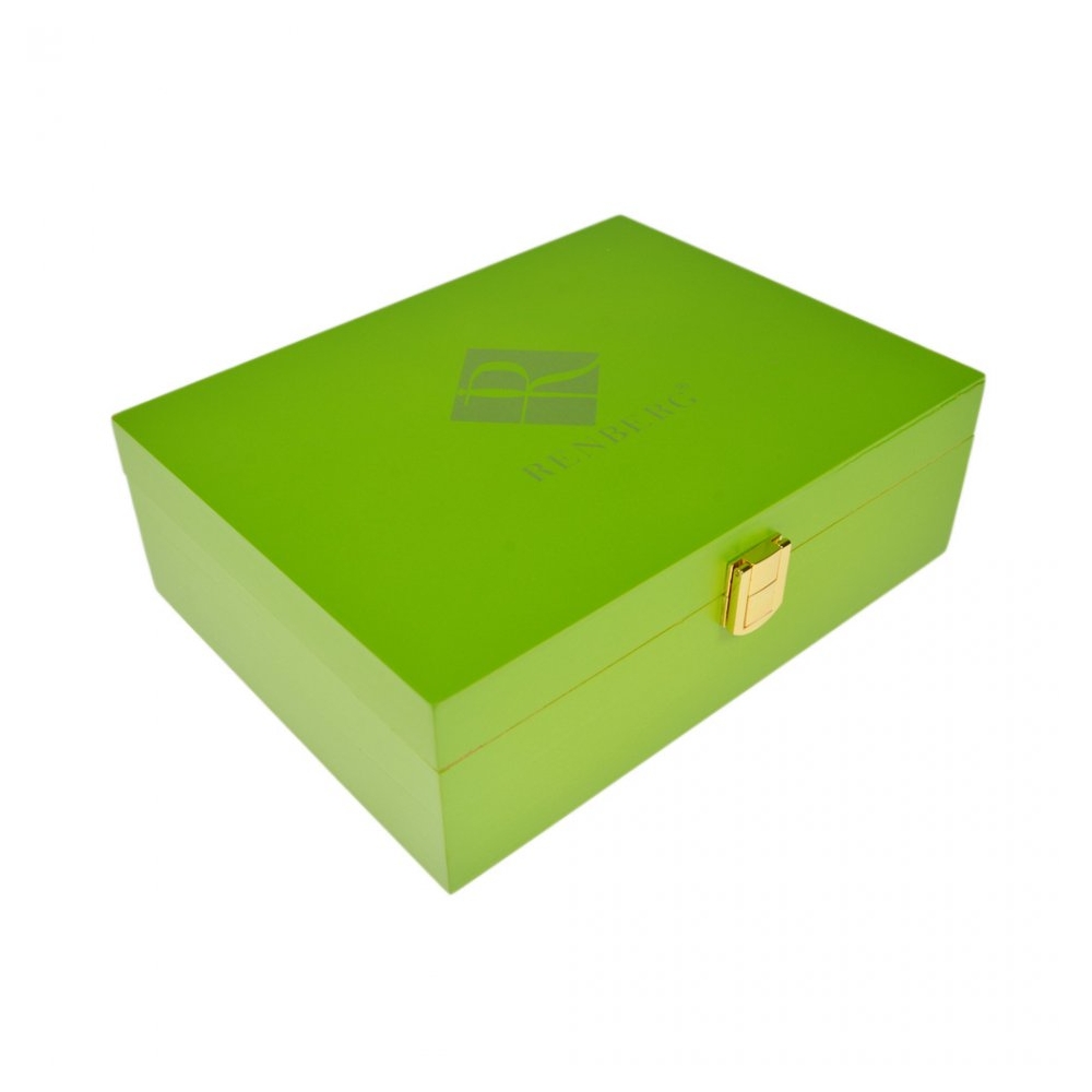 Cutie ceai cu capac, 6 compartimente, din lemn, Renberg, 25 x 19 x 8 cm, verde