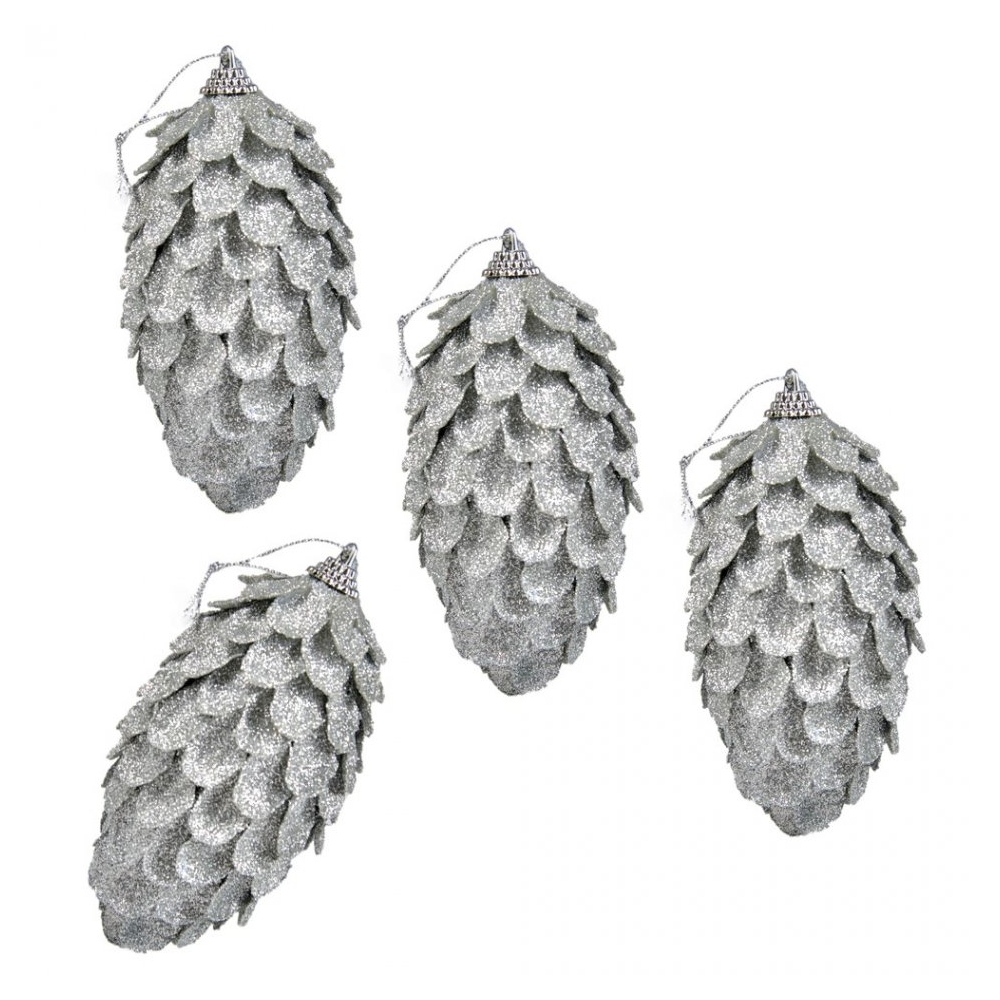 Globuri de Craciun, set de 4, forma de conuri de brad, Maxx, argintiu, h 12 cm, Maxx
