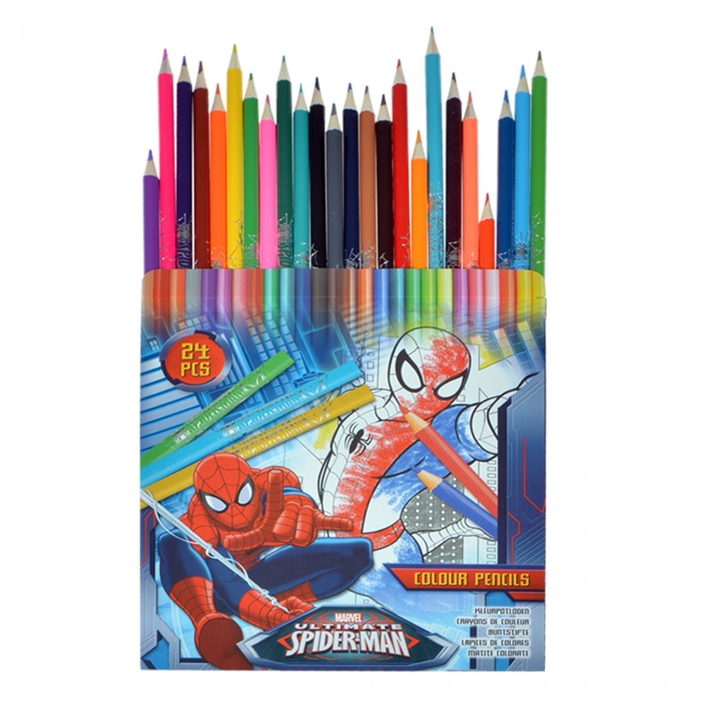 Set 24 creioane colorate din lemn, set de scoala pentru desenat/colorat, Marvel Spider-Man, 16 cm