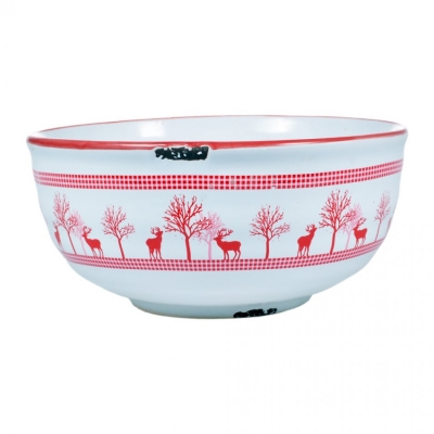 Bol rustic din ceramica, cu maner, castron vintage cu coada, pentru servire, Pierrot, alb cu decoratiuni rosii, h8 cm x Ã17 cm, 800 ml