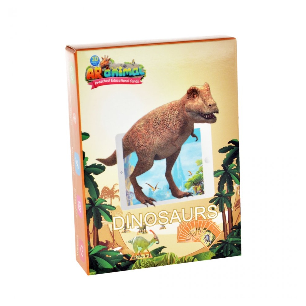 Cartonase pentru aplicatie telefon 3D, cartonase de invatare a dinozaurilor in engleza, set de 48 cartonase cu dinozauri si descrierea lor, joc de invatare si atentie pentru copii, AR animals
