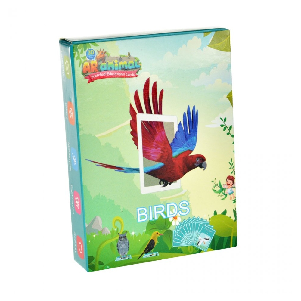 Cartonase pentru aplicatie telefon 3D, cartonase de invatare a pasarilor in engleza, set de 48 cartonase cu pasari si descrierea lor, joc de invatare si atentie pentru copii, AR animals
