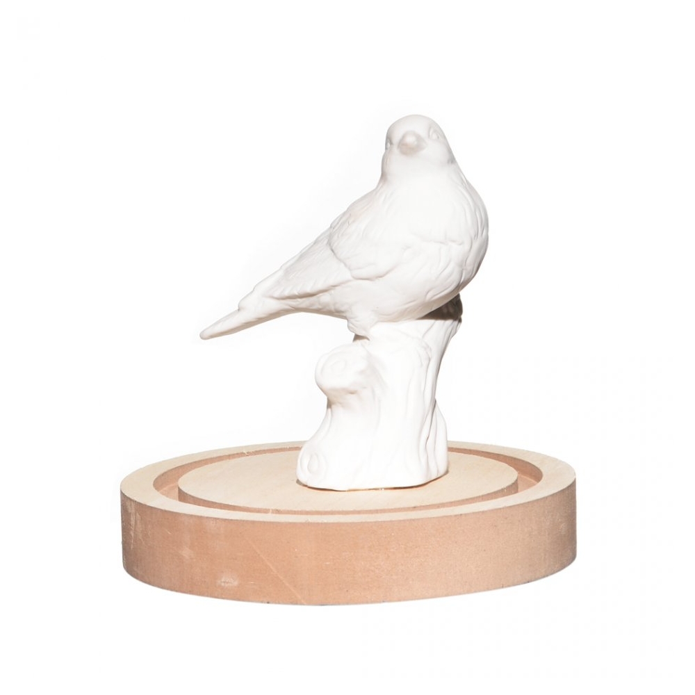 Pasare din ceramica in clopot de sticla si suport de lemn, accesoriu decorativ, h 20.5 cm, d 14.5 cm