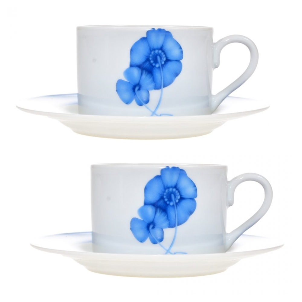 Set 2 cesti cu 2 farfurii ceai/cafea, set servire cafea, 2 x ceasca cu 2 x farfurie, 200 ml, model flori albastre, Kes