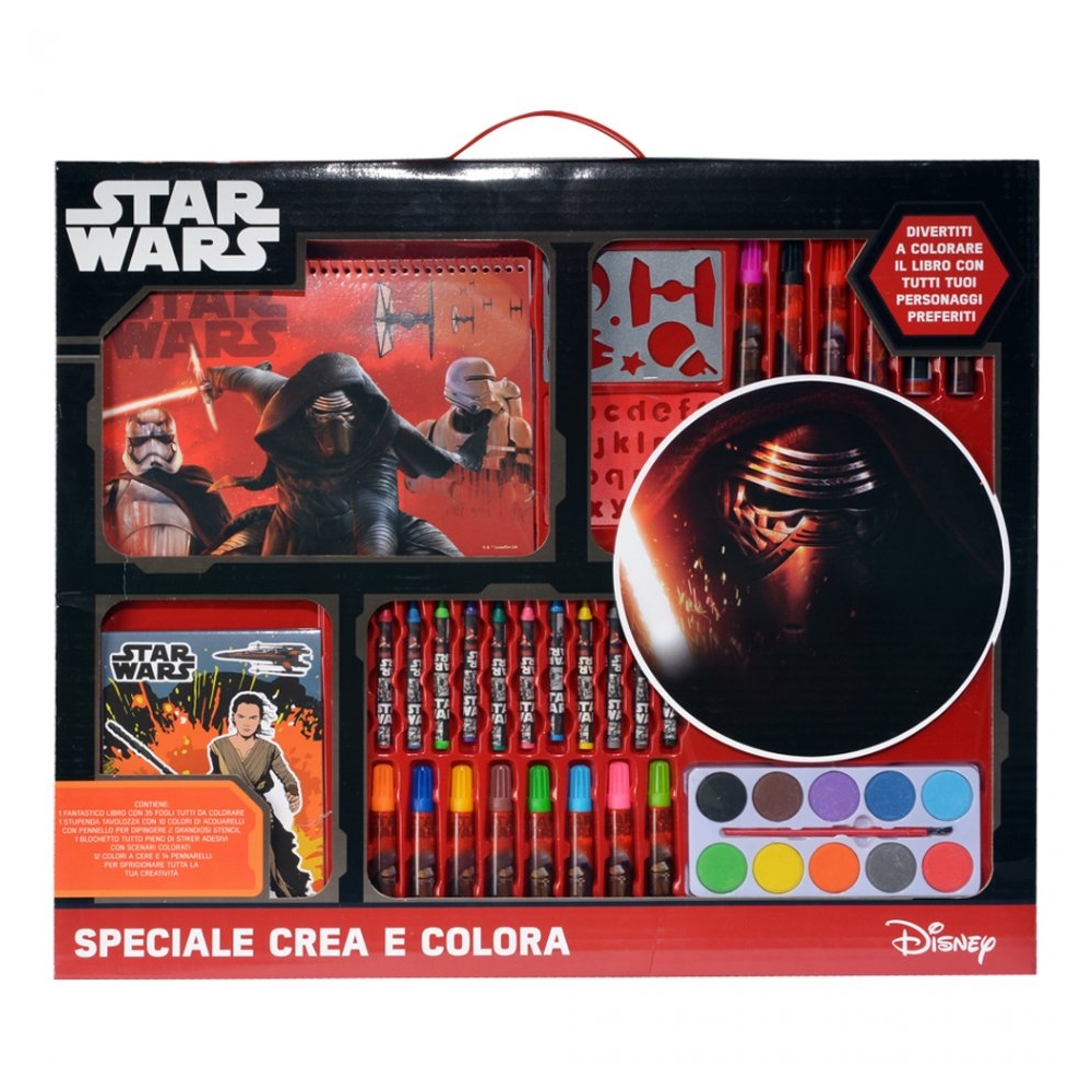 Set pentru colorat, 50 piese cu 12 creioane colorate + 14 carioci + 10 culori pastila cu pensula + 2 sabloane + bloc desen + carnet de stickere si imagini, set de desenat, Star Wars, Disney