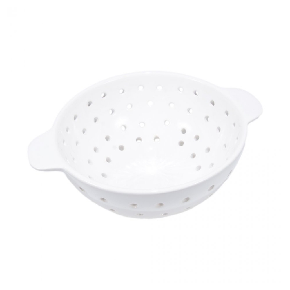 Strecuratoare ceramica, sita ceramica cu manere pentru uz frecvent sau decorativ, d 17 cm, h 8 cm, alb, J-Line