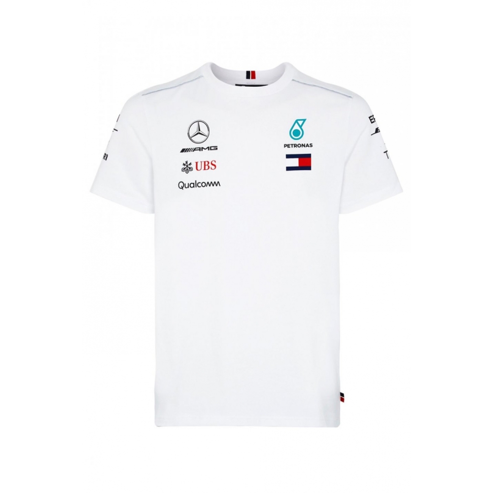 Tricou barbati, Official F1 Mercedes sezon 2018, original/licenta, bumbac, tricou TEAM barbatesc guler rotund, sponsor Tommy Hilfiger, alb, S