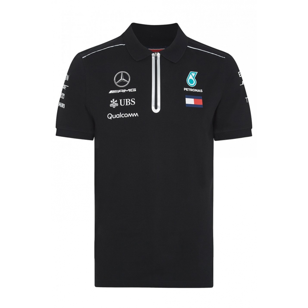 Tricou barbati, polo, Official F1 Mercedes sezon 2018, original / licenta, 100% bumbac, tricou TEAM barbatesc cu guler, inchdere fermoar, sponsor Tommy Hilfiger, negru, S