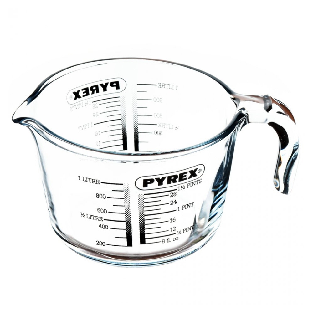 Cana gradata cu maner, Pyrex, sticla groasa 5 mm, pentru masurare ingrediente lichide si solide, termorezistenta, 1L