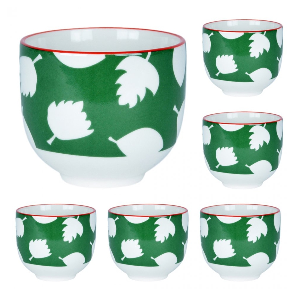 Cani, set de 6, ceramica, 6 x cana, 6 x 150 ml, Scentchips, verde cu frunze albe