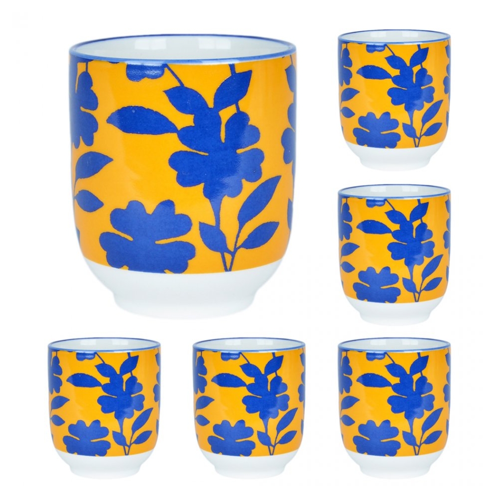 Cani, set de 6, ceramica, 6 x cana, 6 x 200 ml, Scentchips, galben cu flori albastre