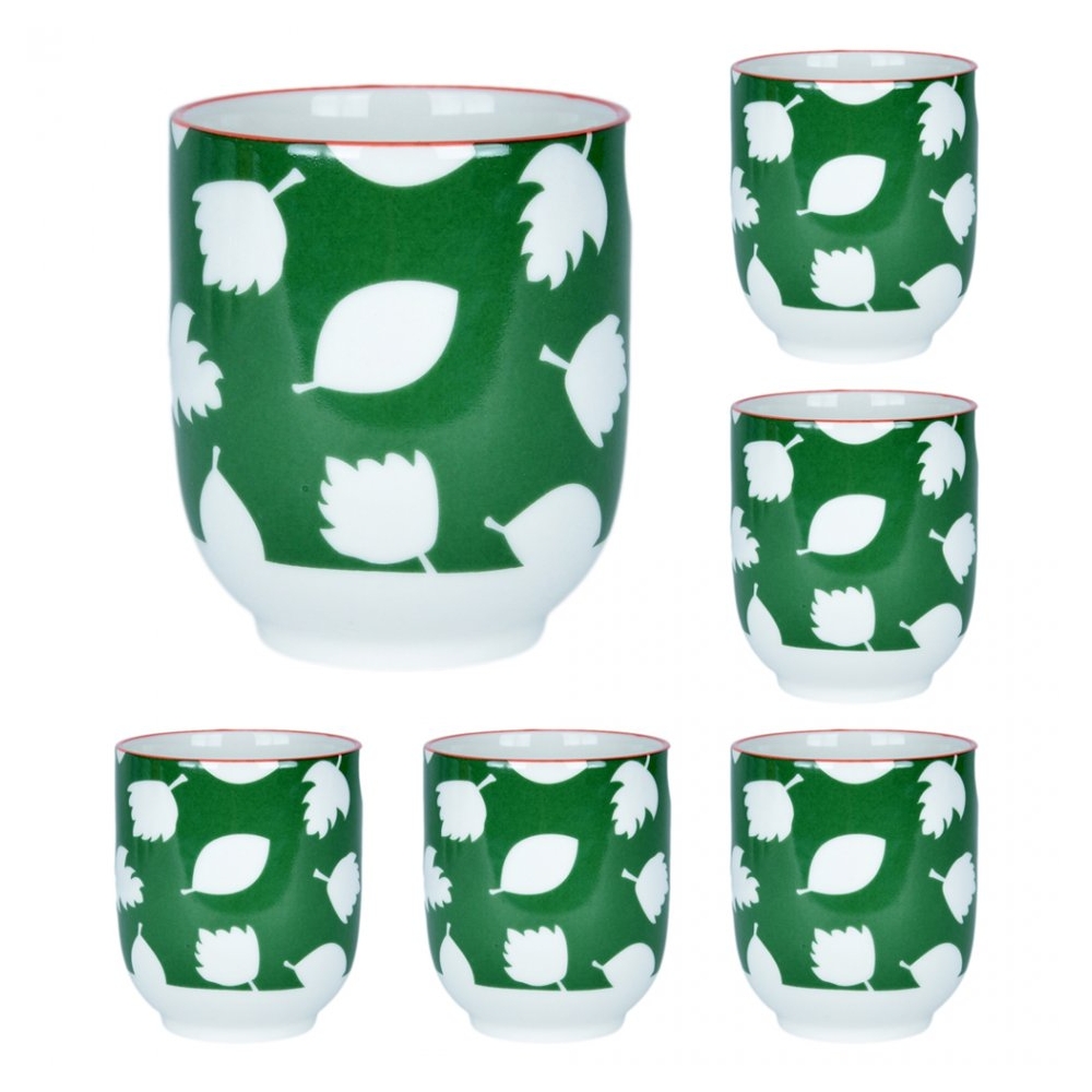 Cani, set de 6, ceramica, 6 x cana, 6 x 200 ml, Scentchips, verde cu frunze albe