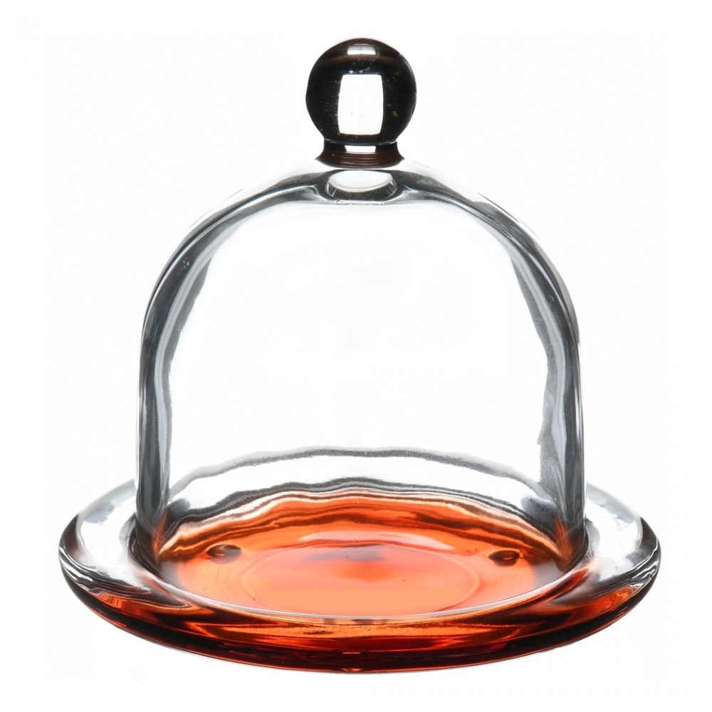 Platou tip clopot pentru branzeturi/prajituri/unt, Cok, din sticla, farfurie cu capac cupola, d 12 cm, h 12 cm, galben-transparent