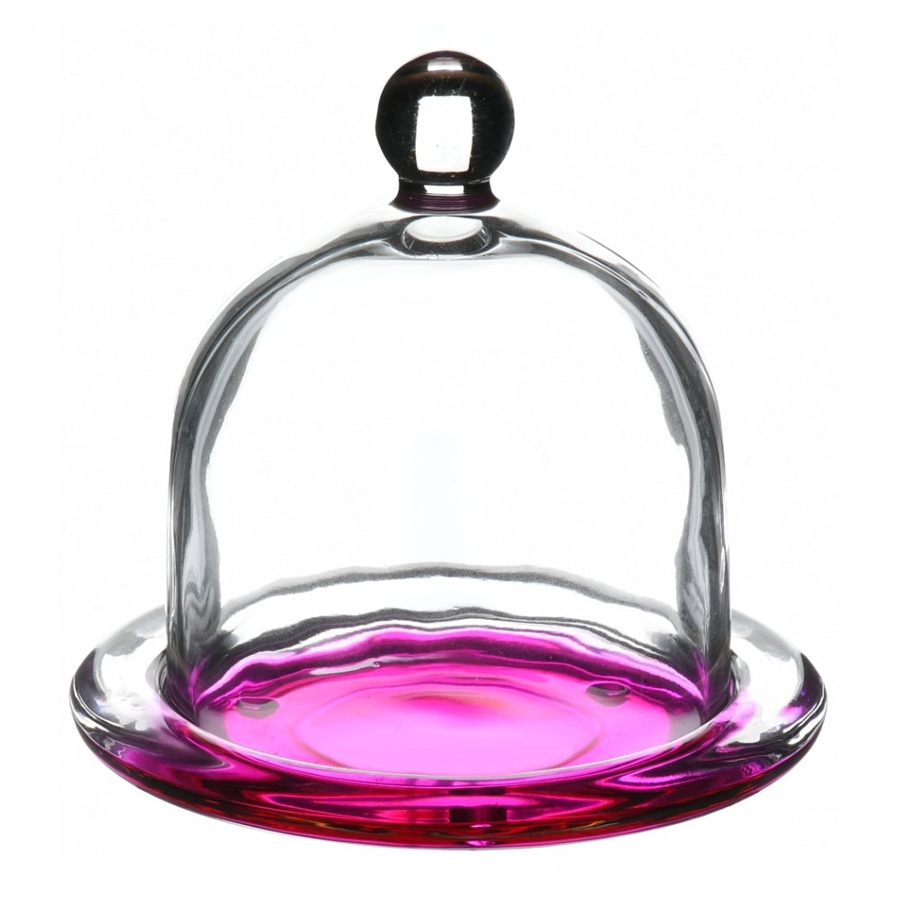 Platou tip clopot pentru branzeturi/prajituri/unt, Cok, din sticla, farfurie cu capac cupola, d 12 cm, h 12 cm, roz-transparent