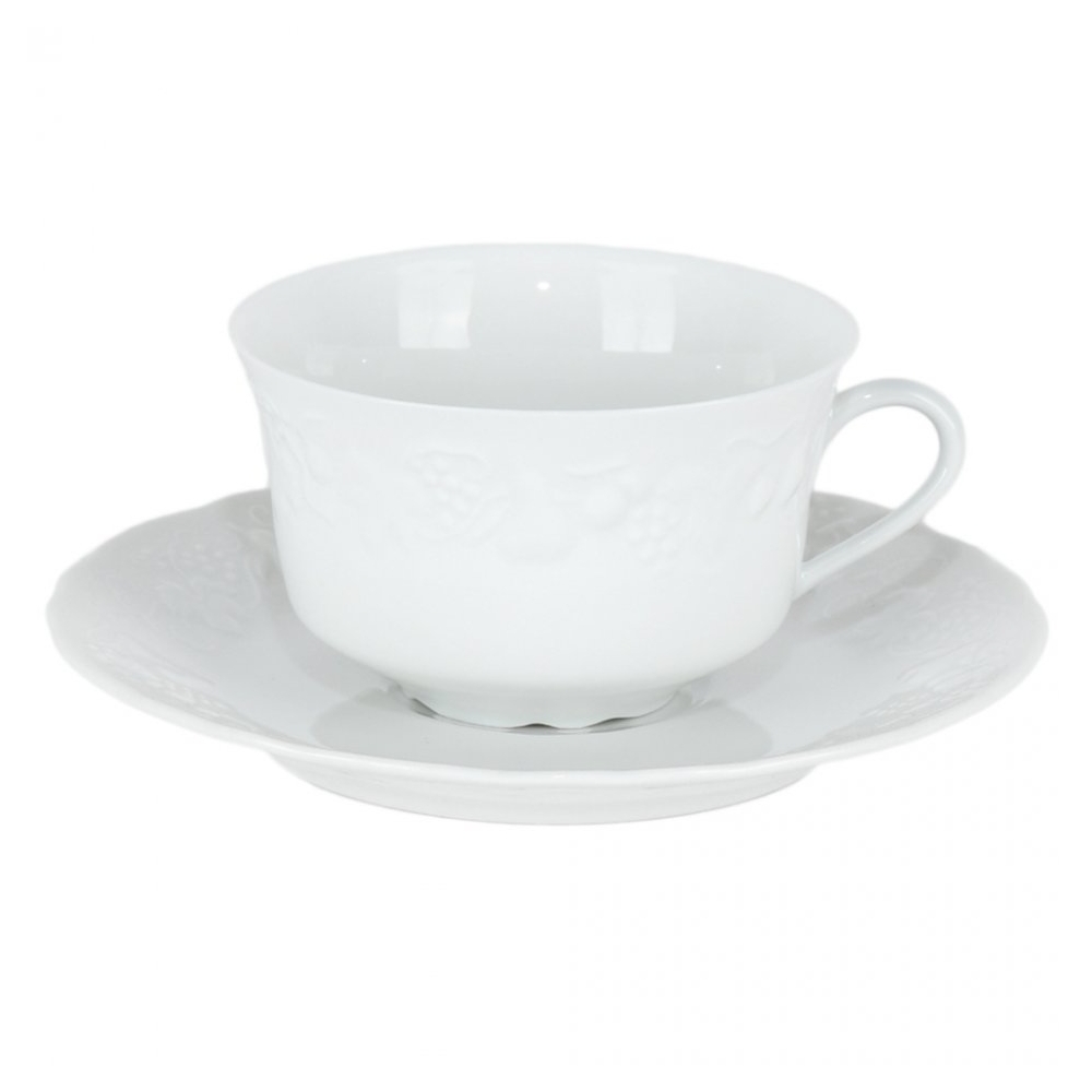 Set 2 cesti cu 2 farfurii, Limoges, portelan, fabricat in Franta, cana cafea, capuccino, serviciu servire cafea, alb