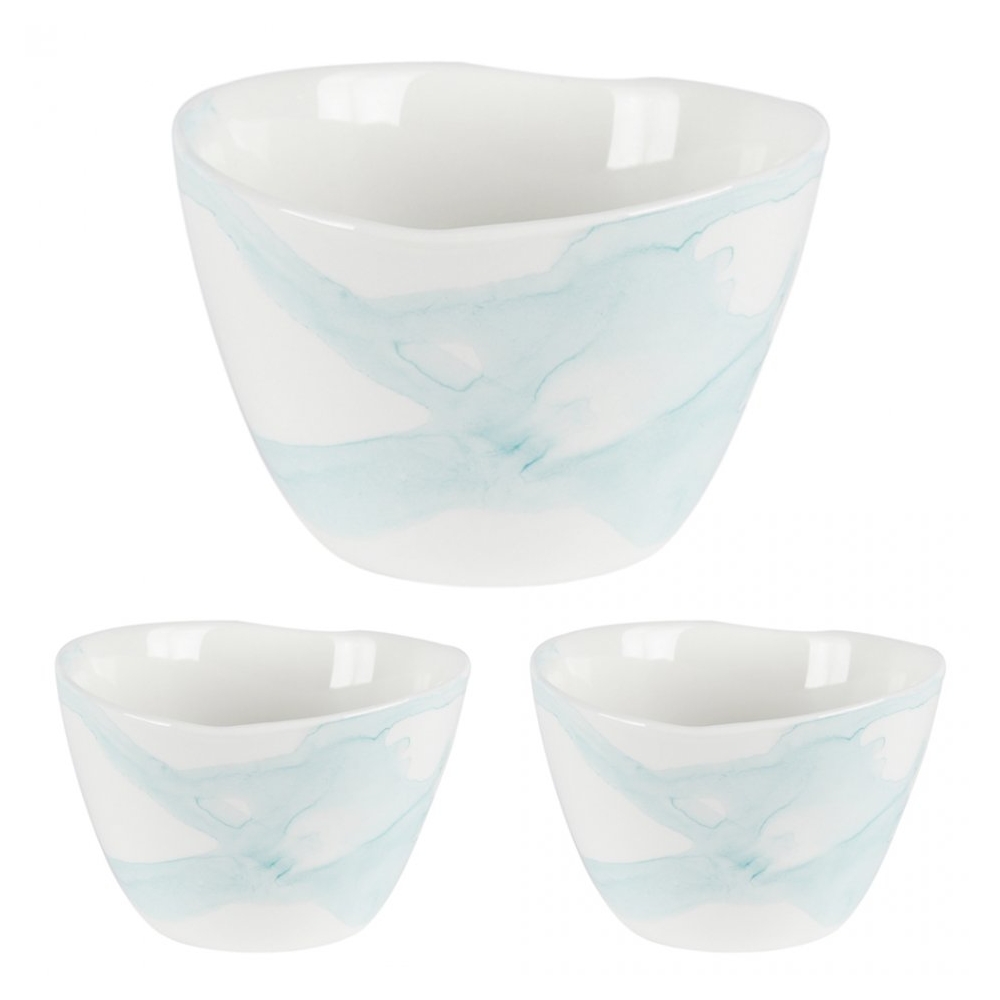 Set 3 boluri/sosiere ceramica, J-Line, 3 x bol ceramic, forma rotunda, 9 x 6 cm, alb-bleu