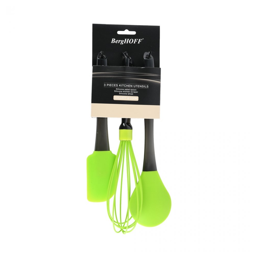 Set 3 ustensile bucatarie, 1 x lingura pentru gatit 29 cm, 1 x tel 30 cm, 1 x spatula 24.5 cm silicon, BergHoff, verde