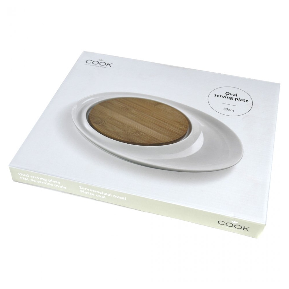 Farfurie pentru aperitiv/fel principal, platou servire cu compartiment bambus, 2 piese, oval, 33 x 26 cm, Cook