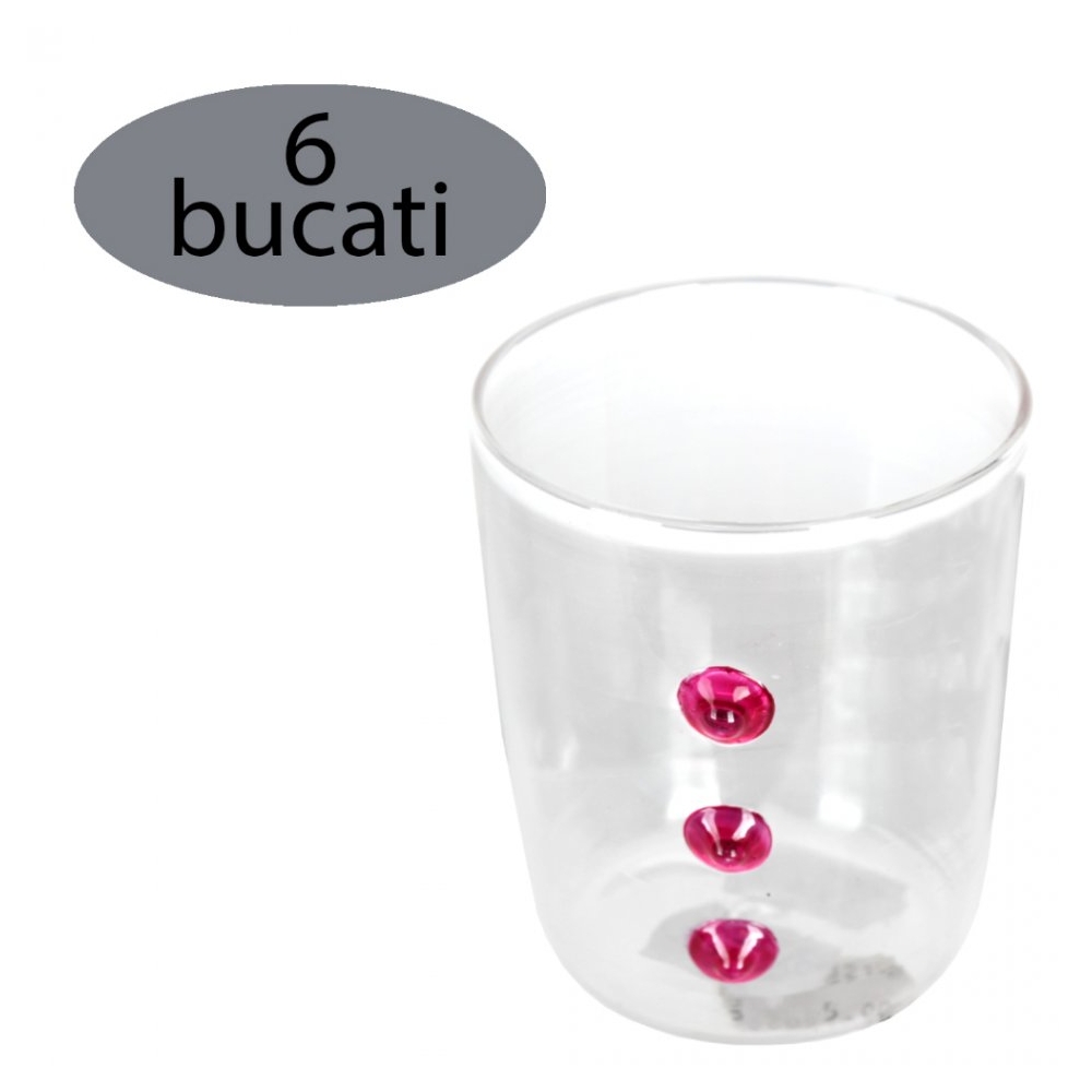 Set 6 pahare pentru apa/suc/racoritoare, sticla, Ã 6.5 x h 8 cm, 220 ml, model aplicat roz