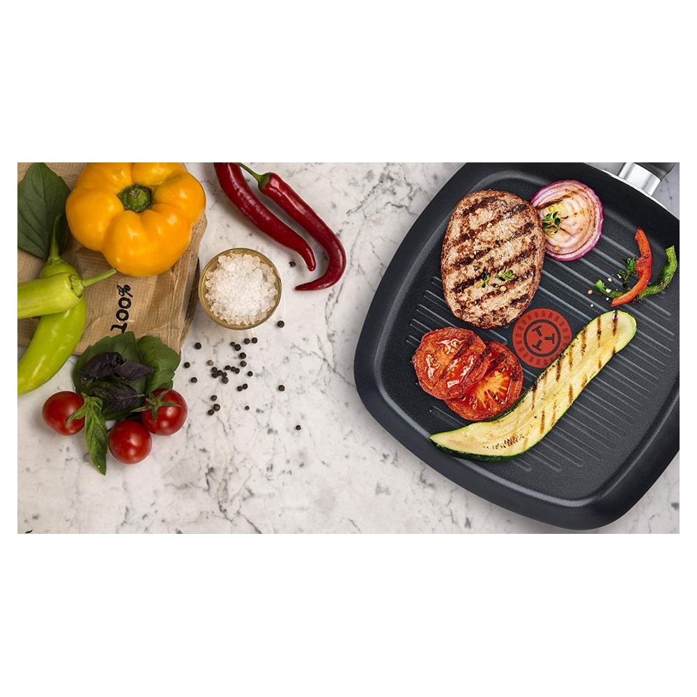 Tigaie Grill Tefal Supreme Plus, Thermo-Spot, non-stick, interior neaderent, grosime 4 mm, 26 x 26 x 4.4 cm negru, fabricat in Franta