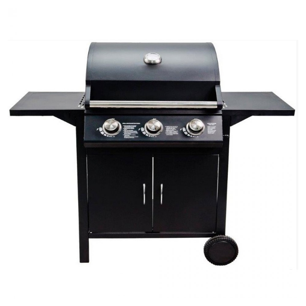 Gratar cu 3 arzatoare separate si termometru, Flame Master, grill, barbeque exterior, alimentare gaz, 8,5 kw, 130 x 100 x 55, suprafata de gatire 59 x 42 cm, negru