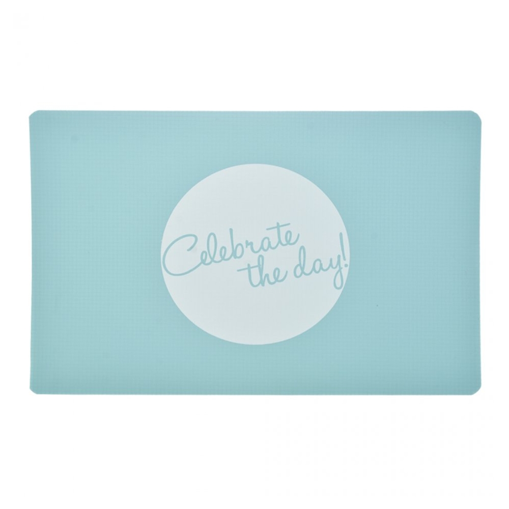 Naproane/placemats, set de 4, suport farfurie, 4 x napron, mesaj CELEBRATE THE DAY, antimurdarire, usor de curatat, bleu, Gusta, plastic, 43.5 x 28 cm