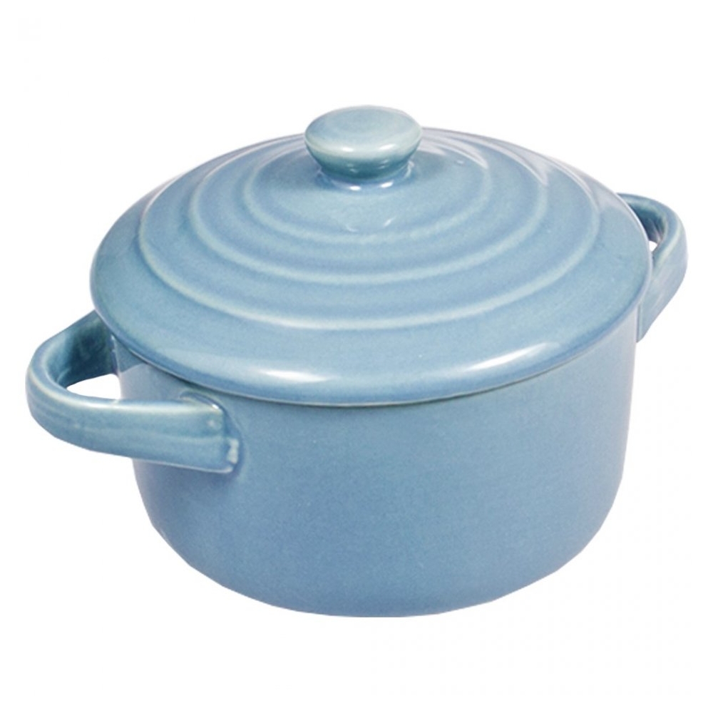 Oala mini din portelan pentru cuptor, vas ramekin cu capac, rotunda, Ã10 cm, h8.5 cm, Alpina, bleu, 225 ml
