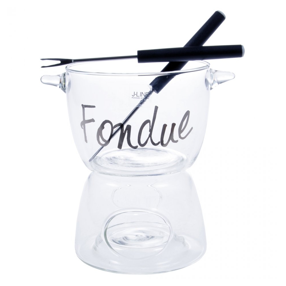 Set fondue + 2 furculite, aperitiv/desert pentru branza/ciocolata format din doua piese sticla, cu incalzire lumanare, set servire, h 14.5 cm, d 10 cm, J - Line