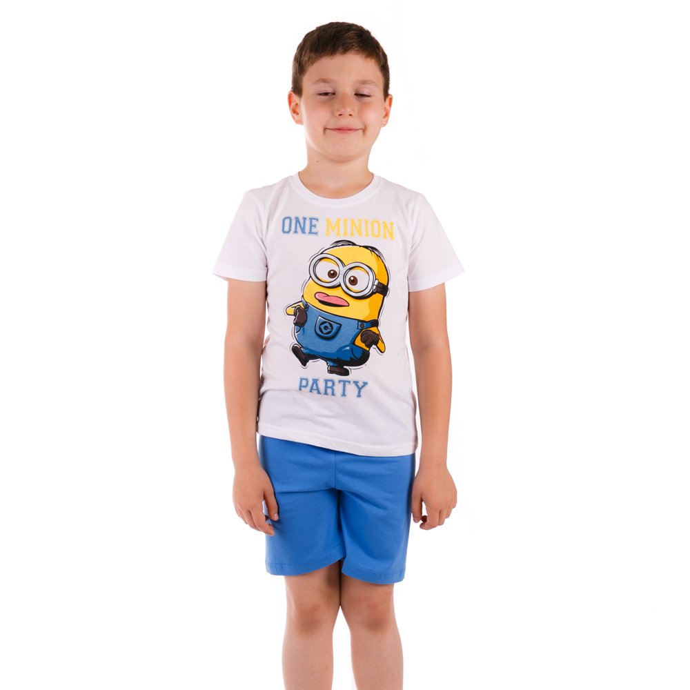 Pijama baieti Minions One Minion Party alb cu bleu