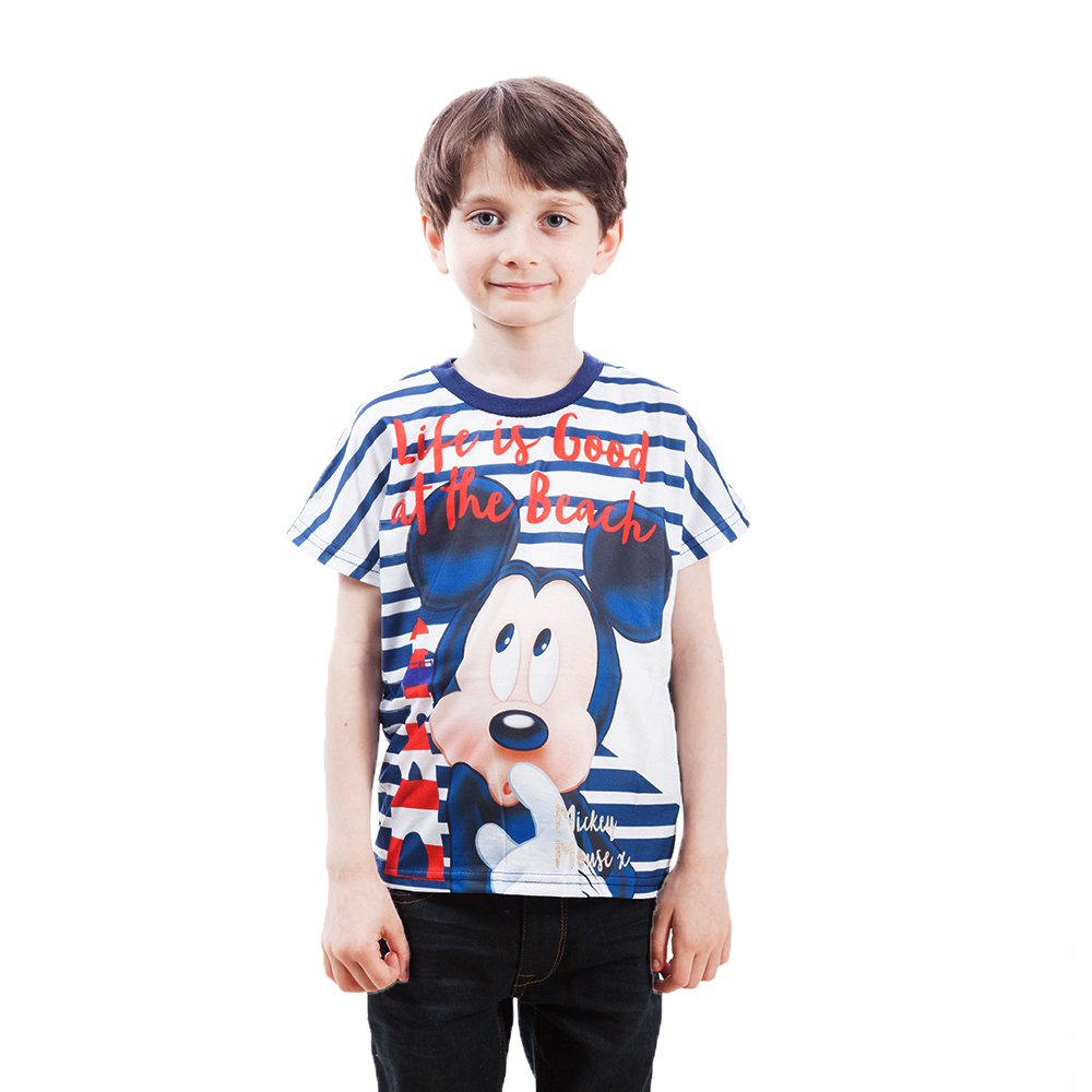 Tricou maneca scurta baieti Mickey Mouse Life is good alb cu albastru