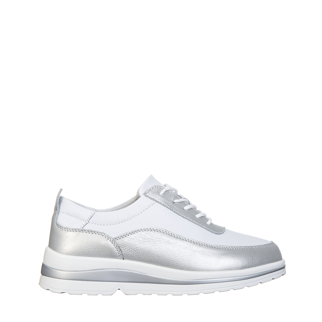 Pantofi casual dama albi cu argintiu din piele naturala Lessie, 2 - Kalapod.net