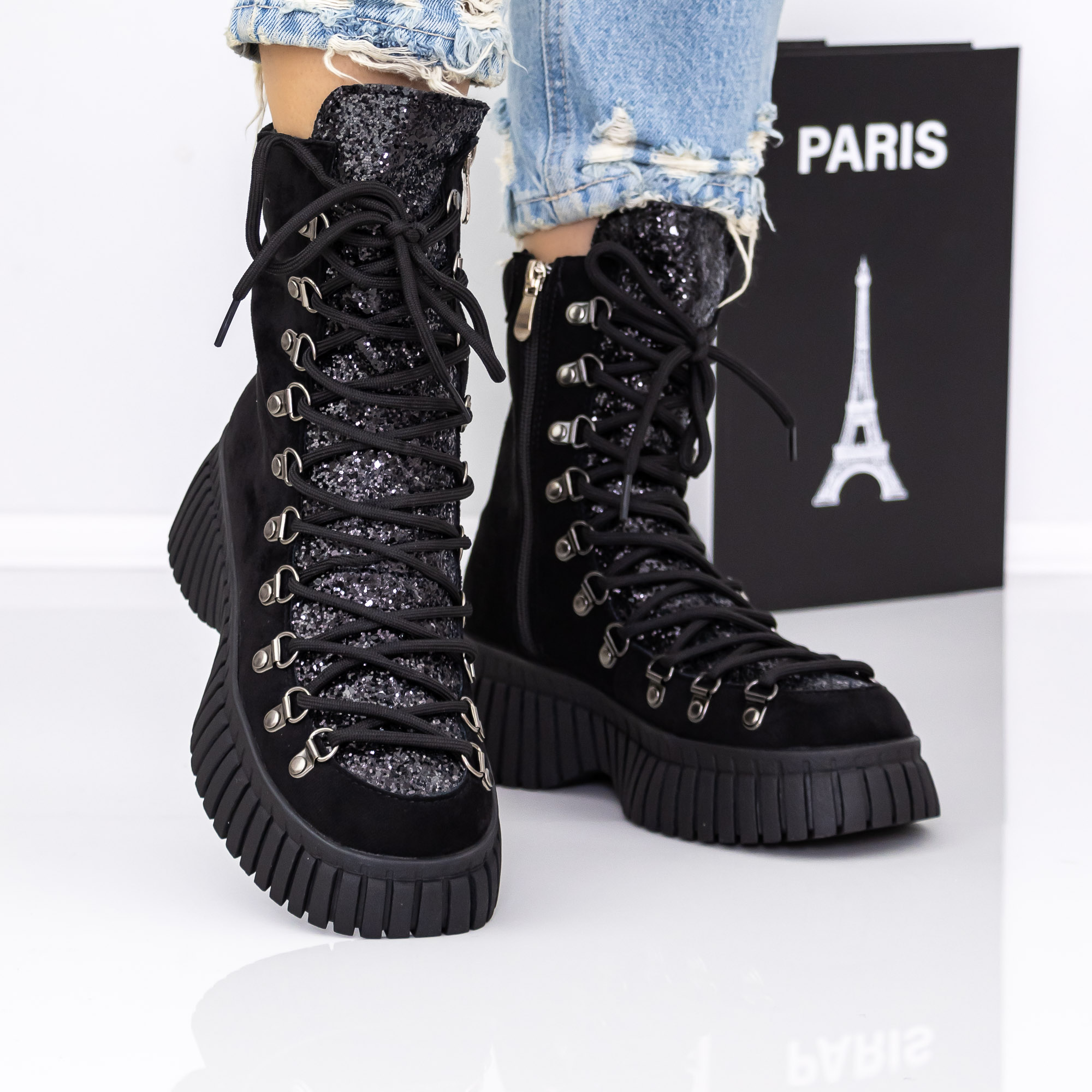 Ghete dama cu platforma negre cu insertii argintii din material textil Brixley, 3 - Kalapod.net Ghete dama cu platforma negre cu insertii argintii din material textil Brixley, 3 - Kalapod.net