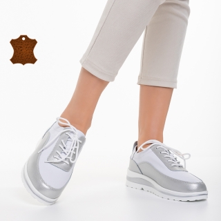 Pantofi casual dama albi cu argintiu din piele naturala Lessie - Kalapod.net