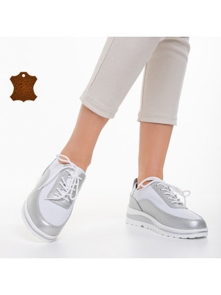 Pantofi casual, Pantofi casual dama albi cu argintiu din piele naturala Lessie - Kalapod.net