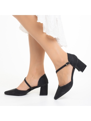 Pantofi cu toc gros, Pantofi dama negri din material textil cu toc Dalina - Kalapod.net