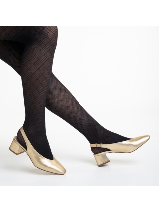 Pantofi cu toc gros, Pantofi dama aurii din piele ecologica cu toc Zelda - Kalapod.net