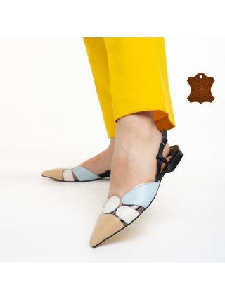Pantofi Dama, Pantofi dama Marco bej cu albastru din piele naturala Alfonsina - Kalapod.net