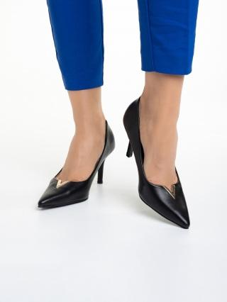Pantofi cu toc mic, Pantofi dama negri cu toc din piele ecologica Laurissa - Kalapod.net