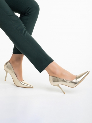 Pantofi eleganti dama, Pantofi dama aurii din piele ecologica cu toc Leya - Kalapod.net