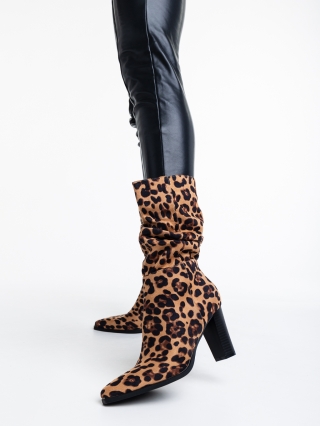 Cizme cu toc gros, Cizme dama leopard din material textil Ritika - Kalapod.net