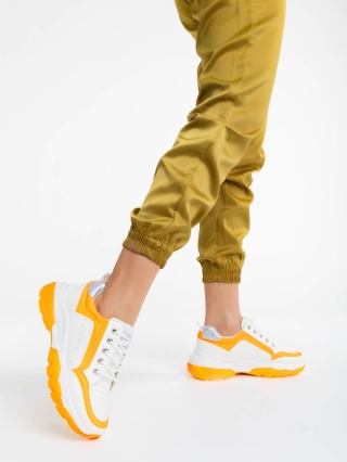 NOUTATI, Pantofi sport dama albi cu portocaliu din piele ecologica Mona - Kalapod.net