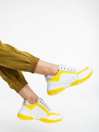 NOUTATI, Pantofi sport dama albi cu galben din piele ecologica Mona - Kalapod.net