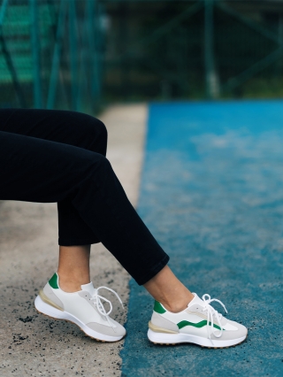 Hot Summer Sale - Reduceri Pantofi sport dama albi cu verde din piele ecologica Dilly Promotie