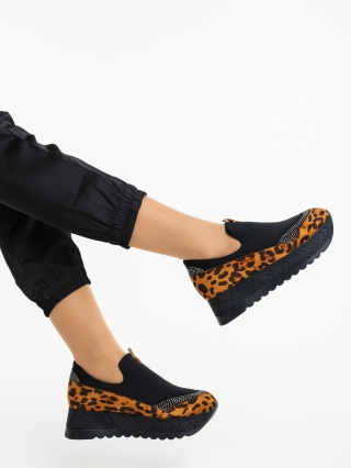 MEI - 10%, Pantofi sport dama negri cu leopard din material textil Relena - Kalapod.net