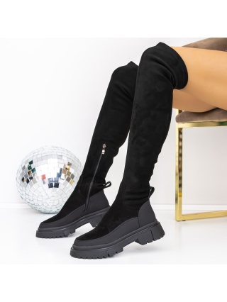 Cizme Dama , Cizme dama cu toc negre din material textil Olona - Kalapod.net