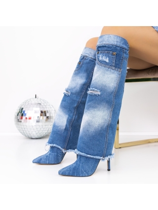 Cizme Dama , Cizme  dama cu toc albastre din material textil Elada - Kalapod.net